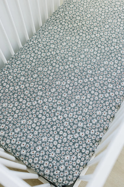 Dark Green Daisy Bamboo Stretch Crib Sheet